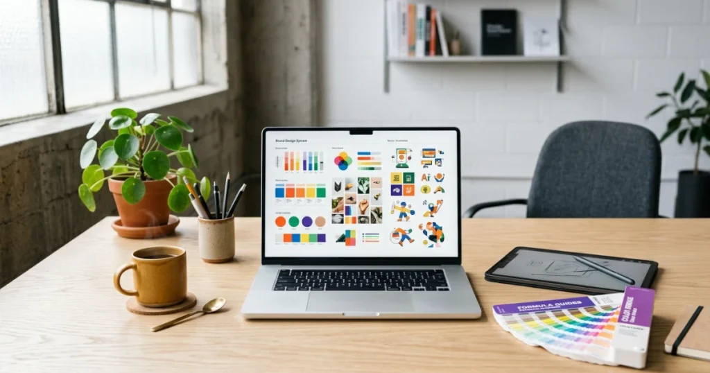 A modern creative workspace with digital design mockups, color swatches, and a laptop illustrating a creative subscription workflow.
