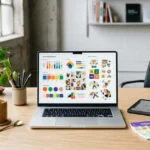A modern creative workspace with digital design mockups, color swatches, and a laptop illustrating a creative subscription workflow.
